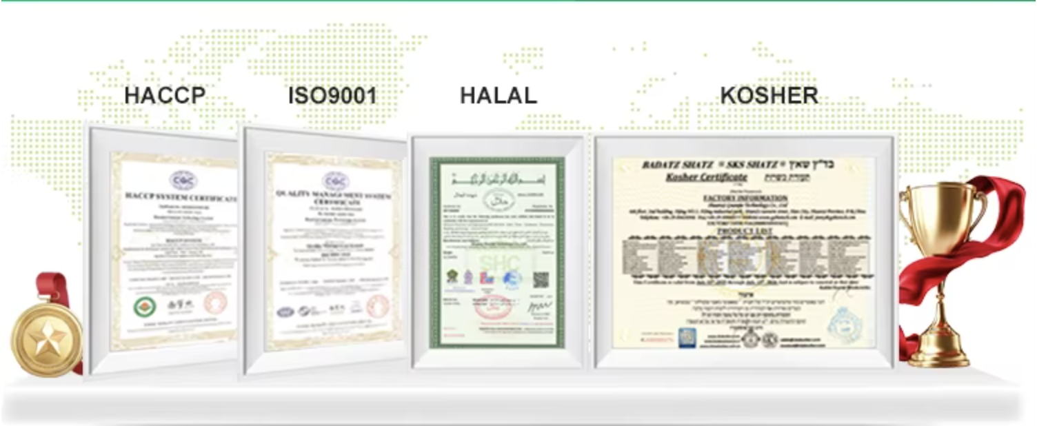 HACCP, ISO9001, HALAL, and KOSHER certifications